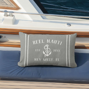 Grey & White Personalised Boat Name Anchor Lumbar Cushion