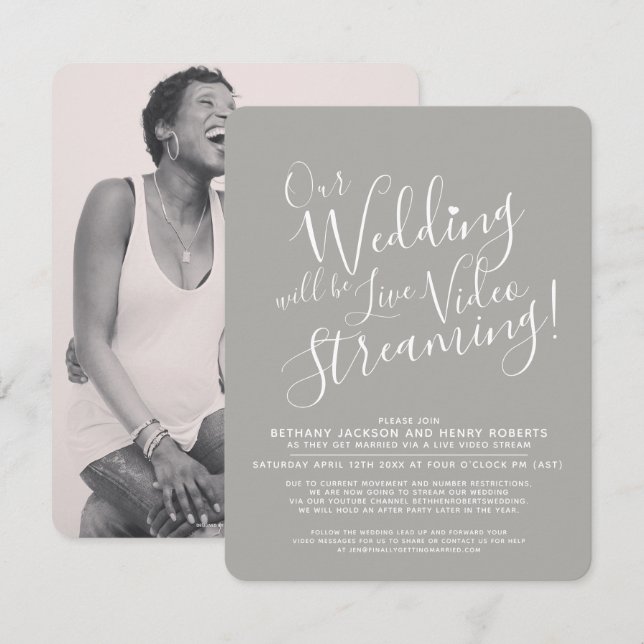 Grey white photo live streaming wedding invitation (Front/Back)