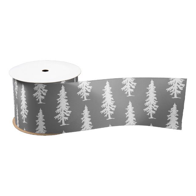 Grey | White Pine Trees Christmas | Holiday Satin Ribbon (Spool)