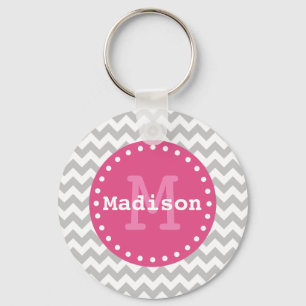 Grey White Pink Chevron Zigzag Monogram Key Ring
