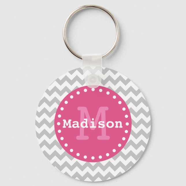 Grey White Pink Chevron Zigzag Monogram Key Ring (Front)