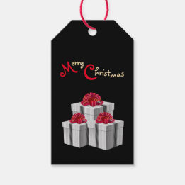 Grey White Pinstripe Presents Red Bow on Black Gift Tags