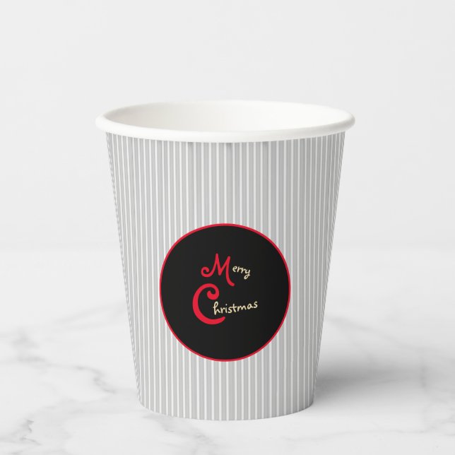 Grey White Pinstripe Red and Black Paper Cups (Front)