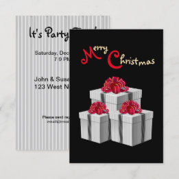 Grey White Pinstripe Red Bow Presents on Black Invitation
