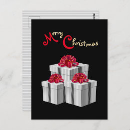 Grey White Pinstripe Red Bow Presents on Black Postcard