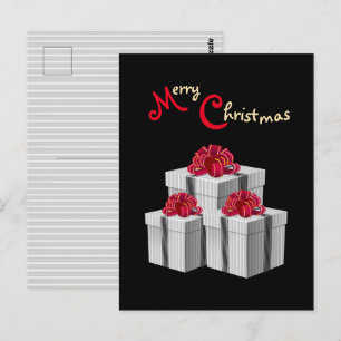 Grey White Pinstripe Red Bow Presents on Black Postcard