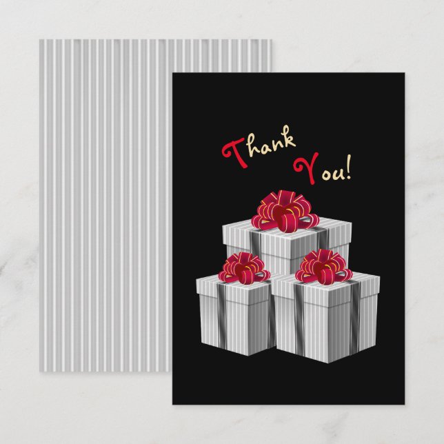 Grey White Pinstripe Red Bow Presents on Black Thank You Card (Front/Back)