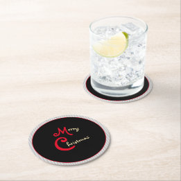 Grey White Pinstripes Black with Red Bow Round Paper Coaster