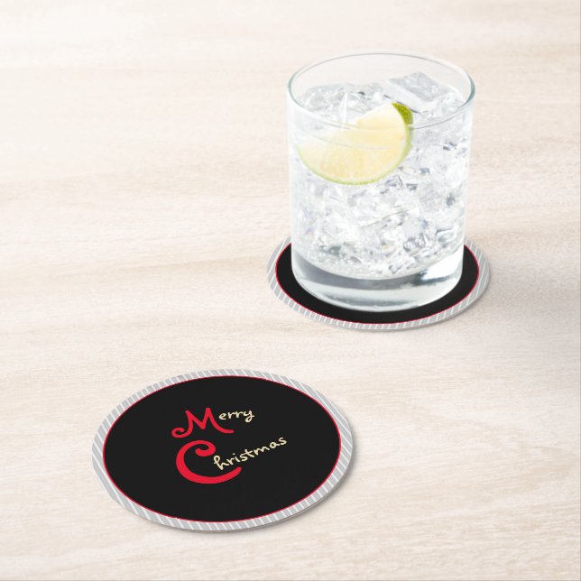 Grey White Pinstripes Black with Red Bow Round Paper Coaster (Insitu)
