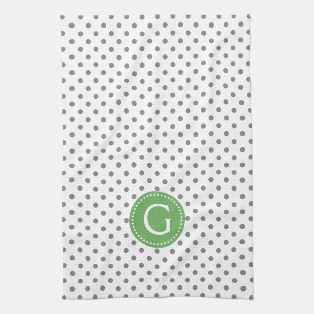 Grey & White Polka Dots Green Accent Tea Towel (Vertical)