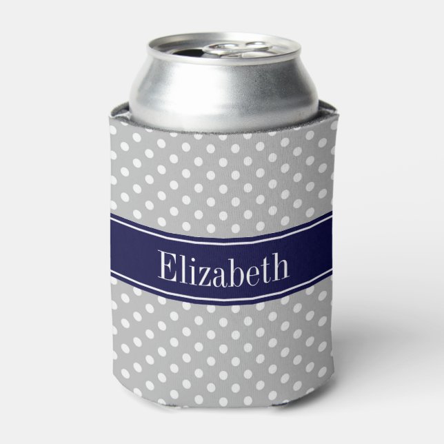 Grey White Polka Dots Navy Blue Name Monogram Can Cooler (Can Front)