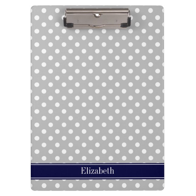 Grey White Polka Dots Navy Blue Name Monogram Clipboard (Front)