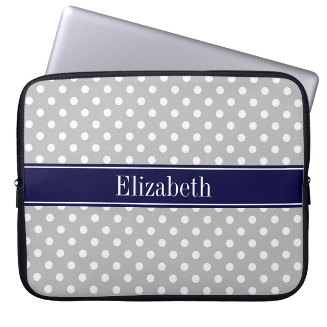 Grey White Polka Dots Navy Blue Name Monogram Laptop Sleeve (Front)