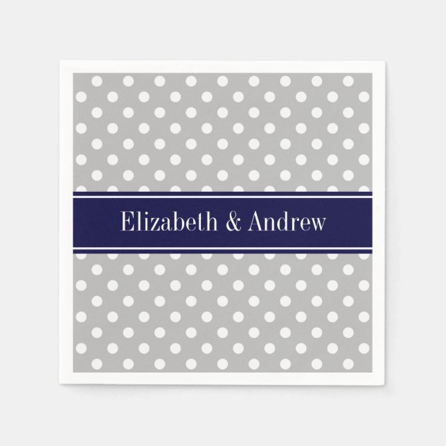 Grey White Polka Dots Navy Blue Name Monogram Napkin (Front)