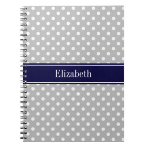 Grey White Polka Dots Navy Blue Name Monogram Notebook