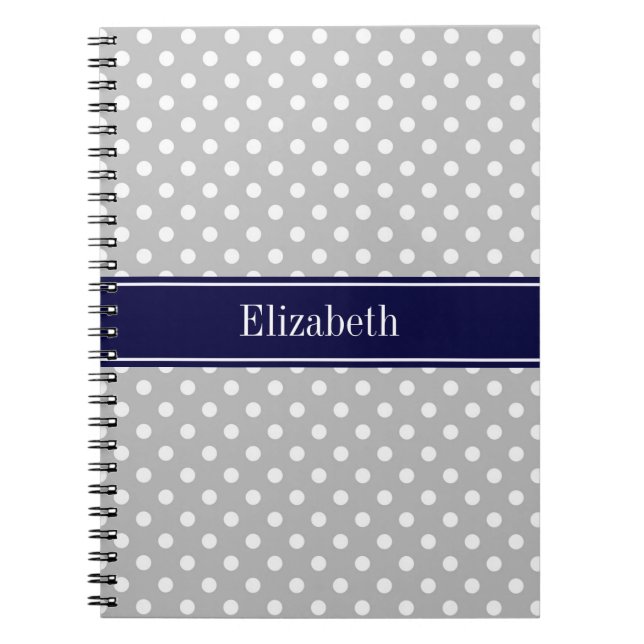 Grey White Polka Dots Navy Blue Name Monogram Notebook (Front)