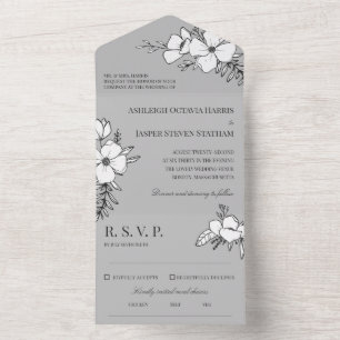 Grey & White Pretty Flowers Wedding All In One Invitation