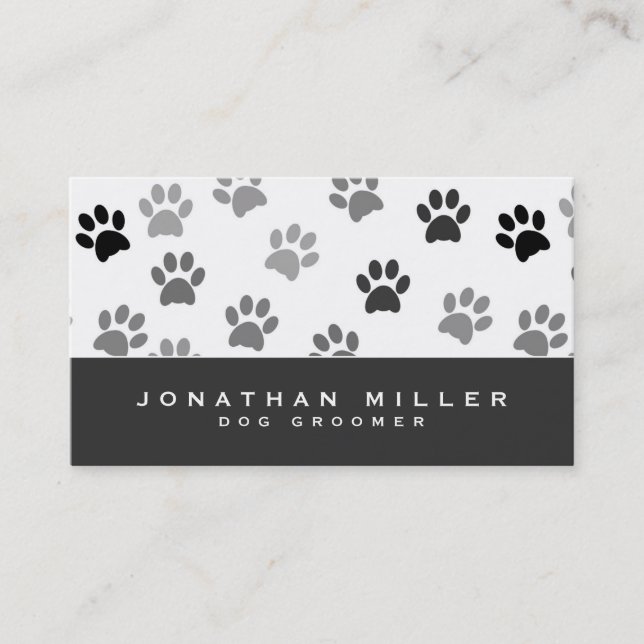 Grey & White Puppy Dog Paw Prints | Dog Groomer Business Card (Front)