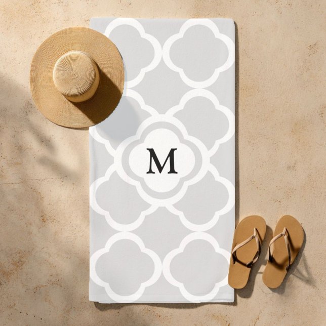 Grey White Quatrefoil Pattern Monogrammed Beach Towel (Gray White Quatrefoil Pattern Monogrammed Beach Towel)