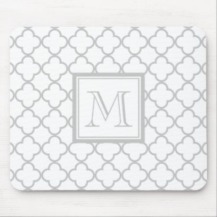 Grey White Quatrefoil Your Monogram Mouse Mat