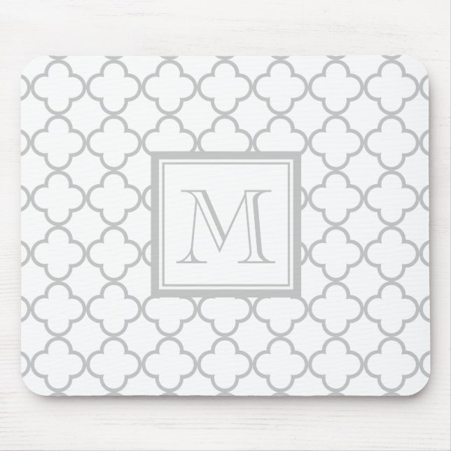 Grey White Quatrefoil | Your Monogram Mouse Mat (Front)
