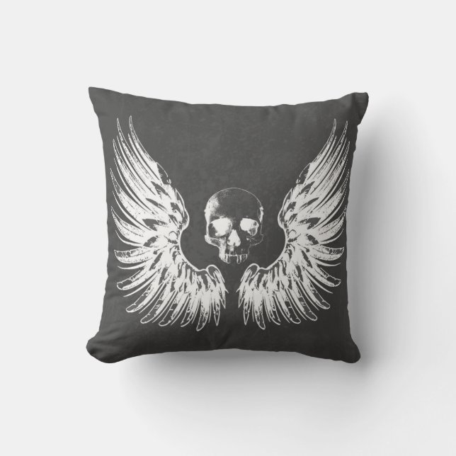 Grey & White Rock Angel Wings Skull Cushion (Front)