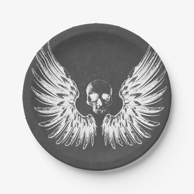 Grey & White Rock Angel Wings Skull Paper Plate (Front)