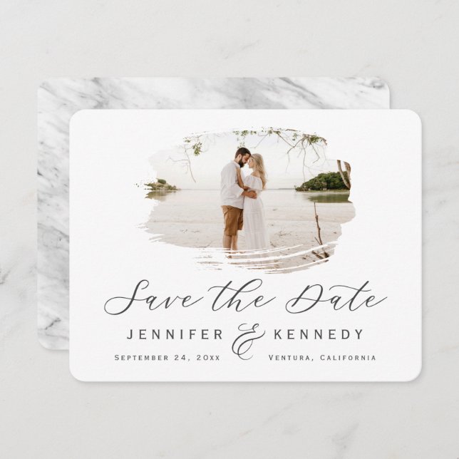 Grey & White Romantic Brushed Frame with Photo Save The Date (Front/Back)