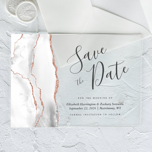 Grey White Rose Gold Agate Save the Date Card Acrylic Invitations (Creator Uploaded)