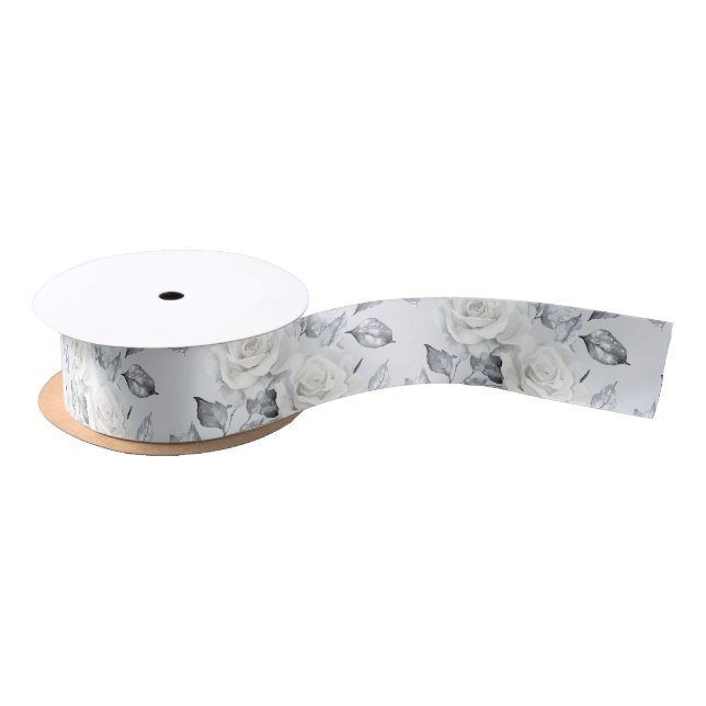Grey White Roses Floral Romantic Wedding Satin Ribbon (Spool)