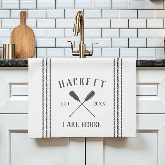 Grey & White Rustic Oars Personalised Lake House Tea Towel (Creator Uploaded)