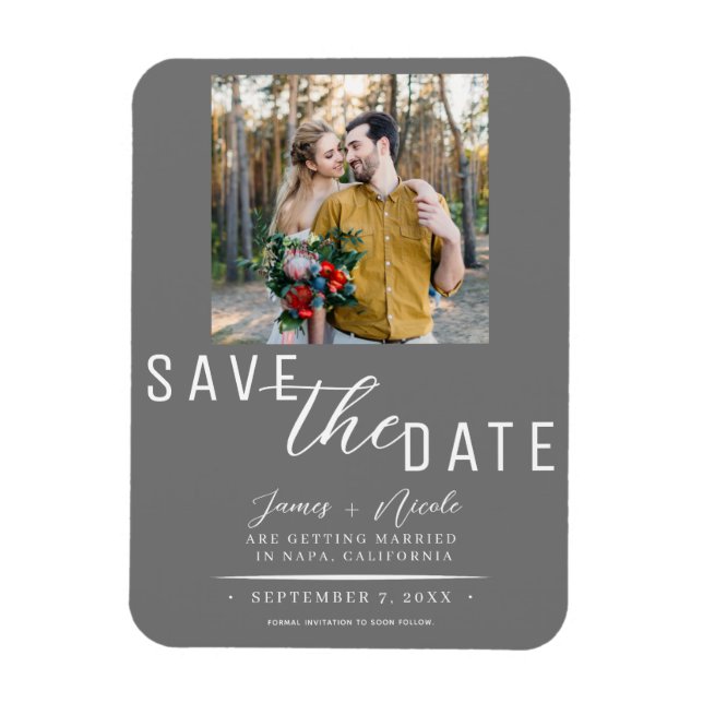 Grey & White Save the Date Photo Wedding Magnet (Vertical)