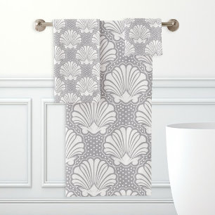 Grey & White Seashell Bath Towel Set
