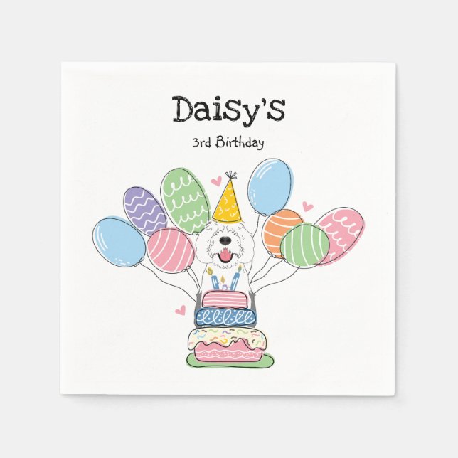 Grey & White Sheepadoodle Birthday Party Paper Napkin (Front)