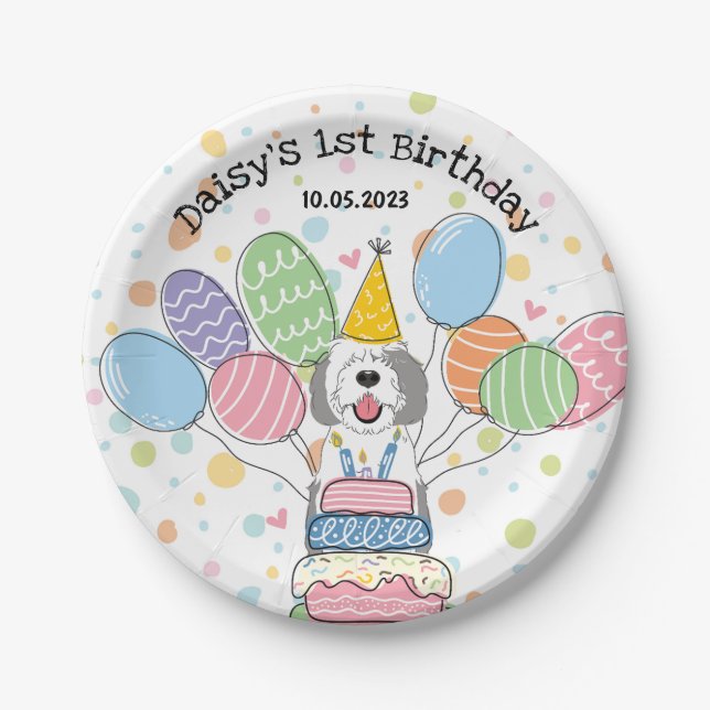 Grey & White Sheepadoodle Dog Birthday  Paper Plate (Front)