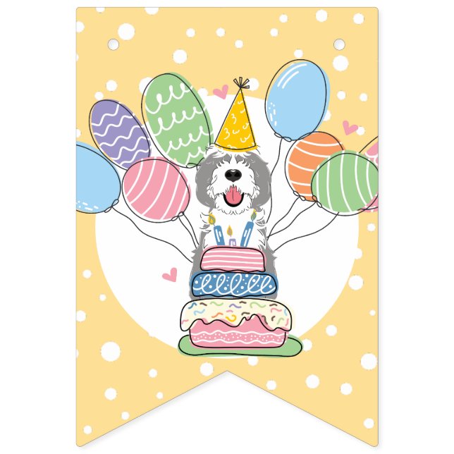 Grey & White Sheepadoodle Dog Birthday Party Bunting (Seventh Flag)