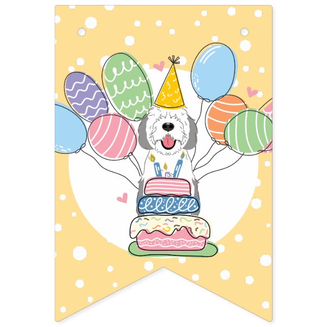 Grey & White Sheepadoodle Dog Birthday Party Bunting (Seventh Flag)