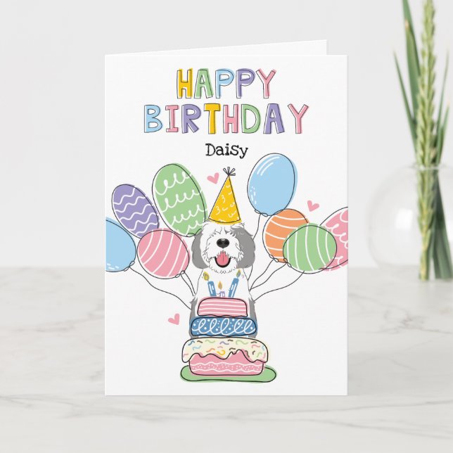 Grey & White Sheepadoodle Dog Happy Birthday Card (Front)