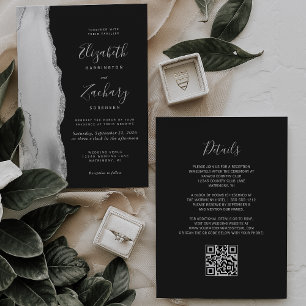 Grey White Silver Agate Slate QR Code Wedding Invitation