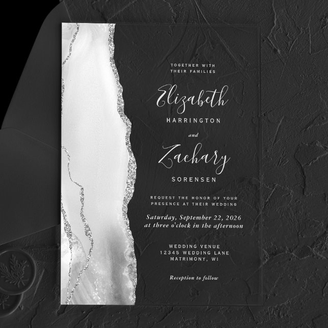 Grey White Silver Agate Wedding Acrylic Invitations (Creator Uploaded)