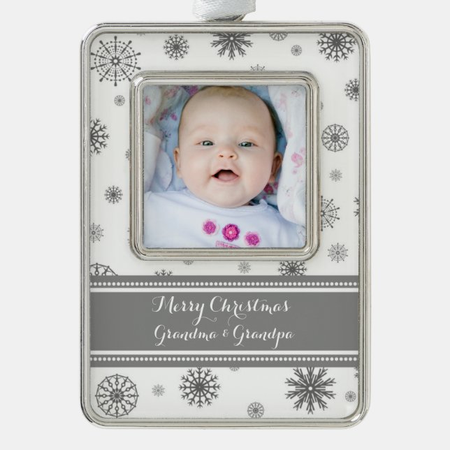 Grey White Snow Grandparents Christmas Ornament (Front)