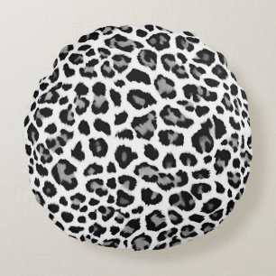 Grey White Snow Leopard Print Round Cushion