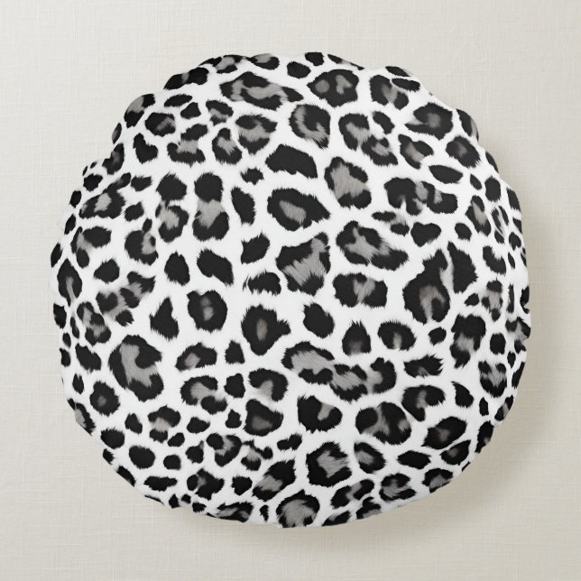 Grey White Snow Leopard Print Round Cushion (Front)