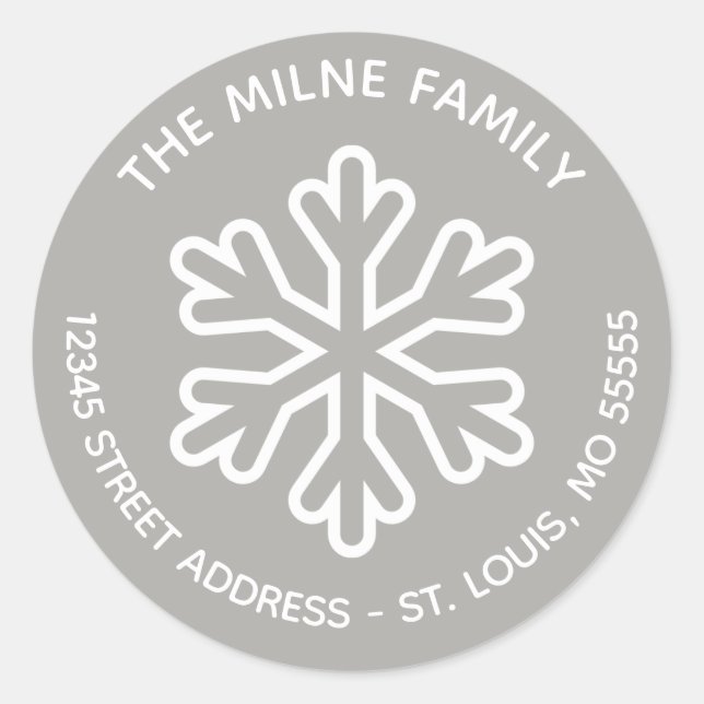 Grey & White Snowflake - Circle Return Address Classic Round Sticker (Front)