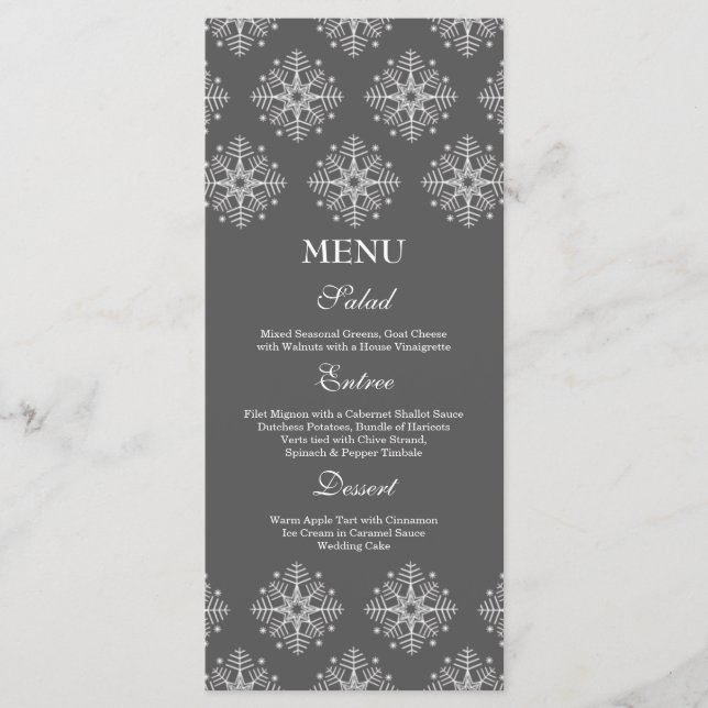 Grey + white snowflakes winter wedding food menu (Front)