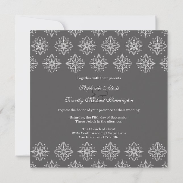 Grey + white snowflakes winter wedding invitation (Front)