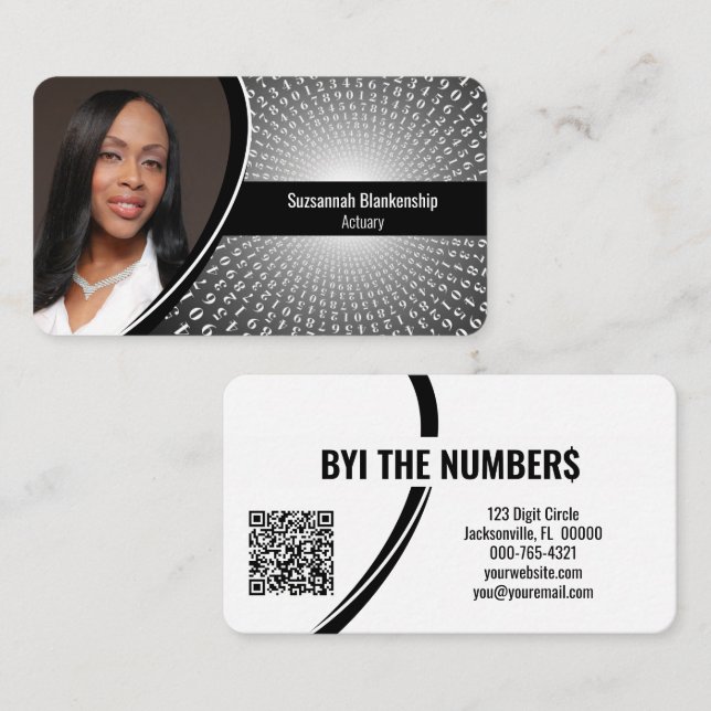 Grey White Spiral Numbers Custom Photo QR Code Business Card (Front/Back)
