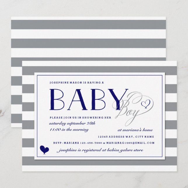 Grey & White Stripe Baby Boy Navy Blue Baby Shower Invitation (Front/Back)