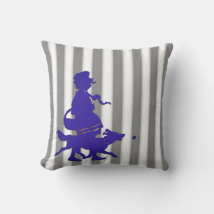 Grey & White Stripe Child & Dog Blue Silhouette Cushion