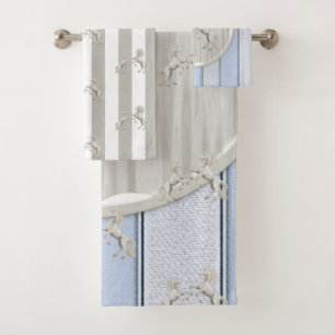 Grey & White Stripe Horse Bathroom Towel Sets